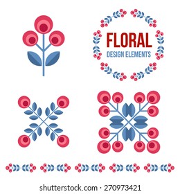 Set of design elements - flowers and floral ornamented borders  with Scandinavian minimal folk style. Perfect for invitation, greeting card, save the date, wedding design. Vector illustration.