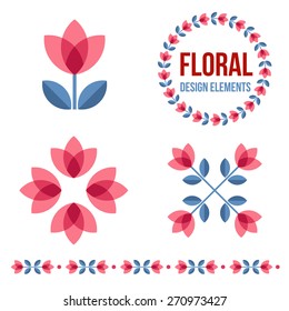 Set of design elements - flowers and floral ornamented borders  with Scandinavian minimal folk style. Perfect for invitation, greeting card, save the date, wedding design. Vector illustration.