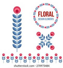 Set of design elements - flowers and floral ornamented borders  with Scandinavian minimal folk style. Perfect for invitation, greeting card, save the date, wedding design. Vector illustration.