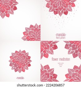 Set of design elements, frame and backgrounds with watercolor floral pattern, pink flower mandala