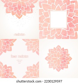 Set of design elements, frames and background with watercolor floral pattern, pink stylized lotus flower, mandala