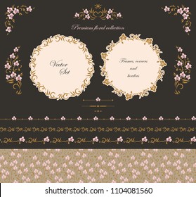 Set of design elements frames, borders and labels. Vector floral, ornate motifs and scrolls. 