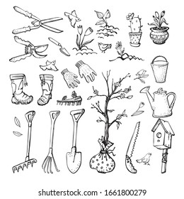 Set of design elements for gardening, agriculture. Hand drawn simple icon. Linear graphics. Black and white drawings. Doodle vector illustration. Isolated image on a white background.