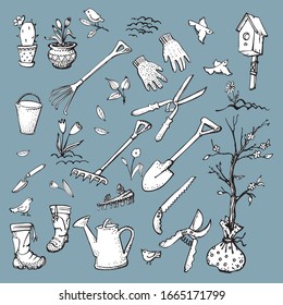Set of design elements for gardening, agriculture. Hand drawn simple icon. Linear graphics. Black and white drawings. Doodle vector illustration. Isolated image on a gray background.