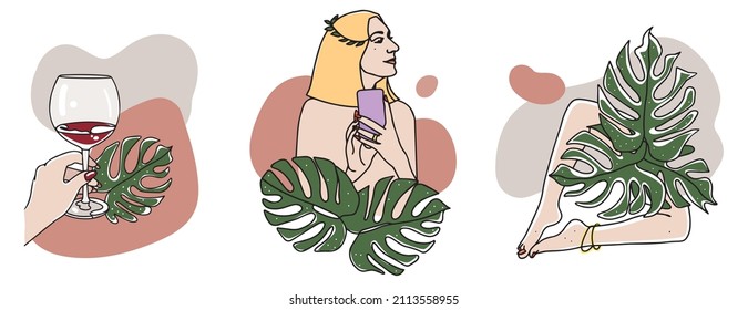 Conjunto de elementos de diseño. Chica con un smartphone. Mano con un vaso de vino. Piernas en hojas de monstera. Pedicura, manicura, joyería de pies. Ilustración vectorial aislada en fondo blanco. Arte lineal.