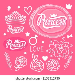 Set of design elements for girls. Hand drawing. Princess style. Vector illustration.