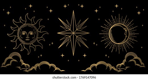 Set of design elements in gold colour on black background. Occult symbols of moon, sun, and stars. Vector templates.