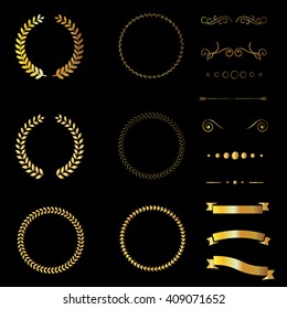 Set of design elements. Gold ornament, ribbons, corners, borders, design elements for decoration.