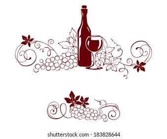 Set design elements -- grape and a wine bottle