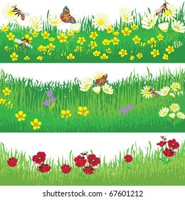 Set of design elements with grass, bees, butterfly and flowers