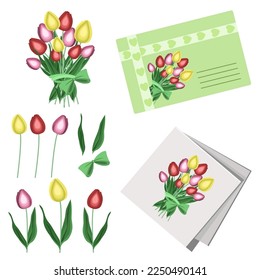 A set of design elements for greeting cards:bouquet of tulips,leaves,flowers,postcard,envelope,isolated on a white background.Vector illustration for March 8.VALENTINE's Day.