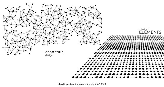 Set Design elements  - Halftone dot pattern on white background. Vector illustration eps 10 frame with black abstract random dots for technology, big data theme, grunge cover page about hi-tech, IT.
