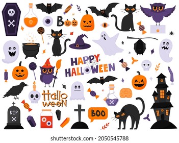 A set of design elements for Halloween. Pumpkins, owls, cats, ghosts, hat, poison, bats. Purple, orange colors. Flat cartoon vector illustrations isolated on a white background.