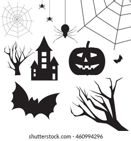 Set of design elements for Halloween. Silhouettes of spiders, pumpkin, bat, tree, castle.