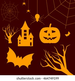 Set of design elements for Halloween. Silhouettes of spiders, pumpkin, bat, tree, castle.