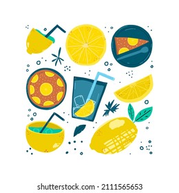 Set of design elements hand drawn with lemon. Vector illustration.