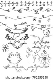 Set of design elements. hand drawn  wreaths, dividers, headers, hearts and other floral elements for your designg illustration.
