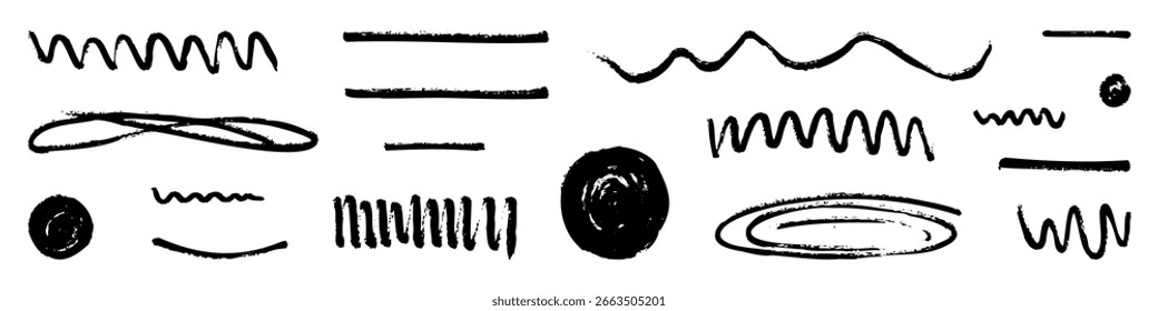 Conjunto de Elementos de diseño dibujados a mano negro Abstractas Grunge garabatos aislados sobre fondo blanco. Estilo de dibujo infantil. Kit de símbolos simples dibujados con textura.