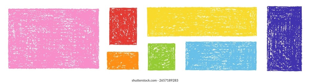Set von Designelementen Handgezeichnete bunte Stempel in verschiedenen Größen einzeln auf weißem Hintergrund. Art der Kinderzeichnung. Kit aus strukturierten gezeichneten einfachen Rechtecken.
