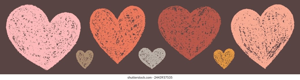 Set of Design Elements Hand-drawn Hearts of Pink, Red and Peach Colors Isolated on Brown Backdrop. Vintage Style of Children's Drawing. Kit of Romantic Textured Drawn Simple Symbols.