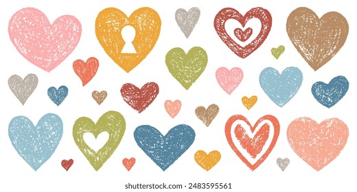 Set of Design Elements Hand-drawn Hearts of Different Colors Isolated on White Backdrop. Grunge Style of Children's Drawing. Kit of Textured Drawn Simple Symbols for Universal Application.