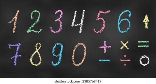 Set of Design Elements Handwritten Numbers of Different Colors Isolated on Chalkboard Backdrop. Realistic Chalk Drawn Sketch. Kit of Textural Crayon Drawings of Colorful Numbers on Blackboard.