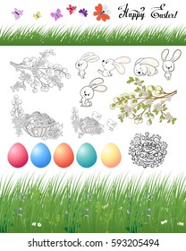 Set of design elements for Happy Easter Day with eggs and cute rabbits and butterflies. Stock line vector illustration.