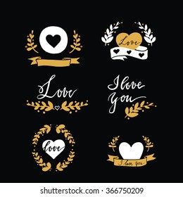 Set of design elements with hearts, ribbins and florals