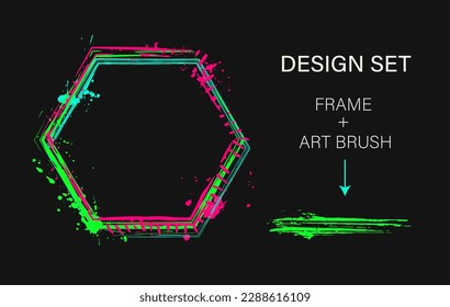 Set of design elements, hexagonal frame, grunge art brush. Geometric shape with copy spase, paint brush strokes, spattered paint of neon bright colors. Virtual abstract clip art