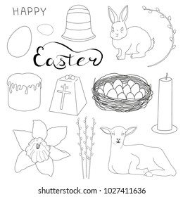 Set of design elements for holiday. Lettering Happy Easter. Collection of contour objects: egg, hare, lamb, pussy, narcissus, candle, bell, nest, Easter cake. Hand drawing. Vector illustration.