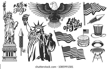 A set of design elements for Independence Day. Vector illustration.