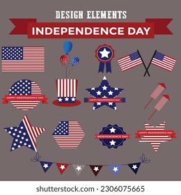 Un conjunto de elementos de diseño para el Día de la Independencia, el Día de la Independencia de EE.UU., imágenes prediseñadas para el 4 de julio, iconos modernos planos para el diseño