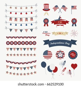 A set of design elements for Independence Day. 4th of July Objects, Element. Isolated on white. Vector icons