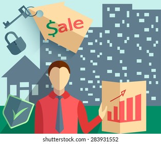 Set of design elements for info graphics, Businessman Real estate trade, house in the background into flat style. Vector illustration