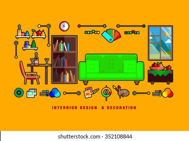 Set of design elements for interior decoration with flat icons of commercial property decoration, real estate interior improve, apartment dwelling. Flat design graphic bright cartoon image concept.

