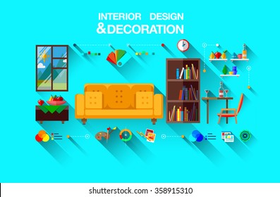 Set of design elements for interior decoration with flat icons of commercial property decoration, estate interior improve, apartment. Flatbright cartoon image concept, website elements layout.

