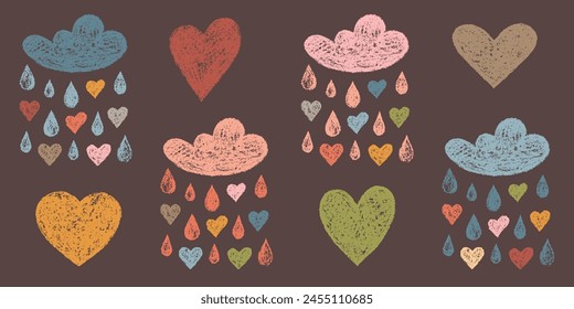 Set of Design Elements Isolated Hand-drawn Clouds with Drops and Hearts of Different Colors. Style of Children's Drawing. Kit of Textured Drawn Simple Symbols for Children's Stuffs and Products.