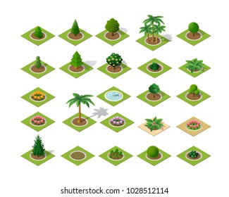 Set of design elements isometric 3D modules of the natural landscape. Urban infrastructure facilities, trees, elements of a park, flora, grass, montane.