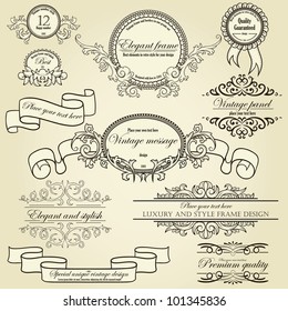 Set of design elements: labels, borders, frames, etc. Could be used for page decoration, certificate, etc