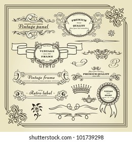 Set of design elements: labels, borders, frames, etc. Could be used for page decoration, certificate, etc