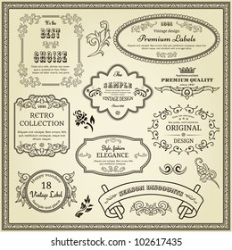 Set of design elements: labels, borders, frames, etc. Could be used for page decoration, certificate, etc