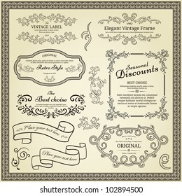 Set of design elements: labels, borders, frames, etc. Could be used for page decoration, certificate, etc