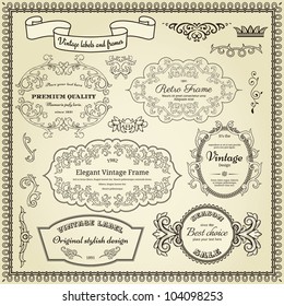 Set of design elements: labels, borders, frames, etc. Could be used for page decoration, certificate, etc
