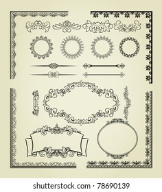 Set of design elements: labels, borders, frames, etc. Could be used for page decoration, certificate, etc