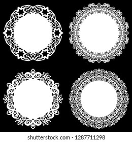 Set of design elements, lace round paper doily, doily to decorate the cake, template for cutting, snowflake, greeting element, metal plate cut by laser, vector illustrations