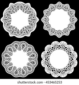 Set of design elements, lace round paper doily, doily to decorate the cake, template for cutting,  greeting element, elegant label,  vector illustrations