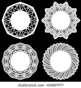Set of design elements, lace round paper doily, doily to decorate the cake, template for cutting, greeting element, elegant label,  vector illustrations