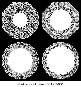 Set of design elements, lace round paper doily, doily to decorate the cake, template for cutting, snowflake, greeting element, metal plate cut by laser,  vector illustrations