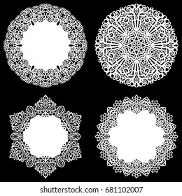 Set of design elements, lace round paper doily, doily to decorate the cake, template for cutting, snowflake, greeting element, metal plate cut by laser,  vector illustrations