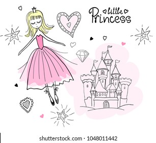 Set of design elements. Little princess in the clouds. Gentle romantic sketch.